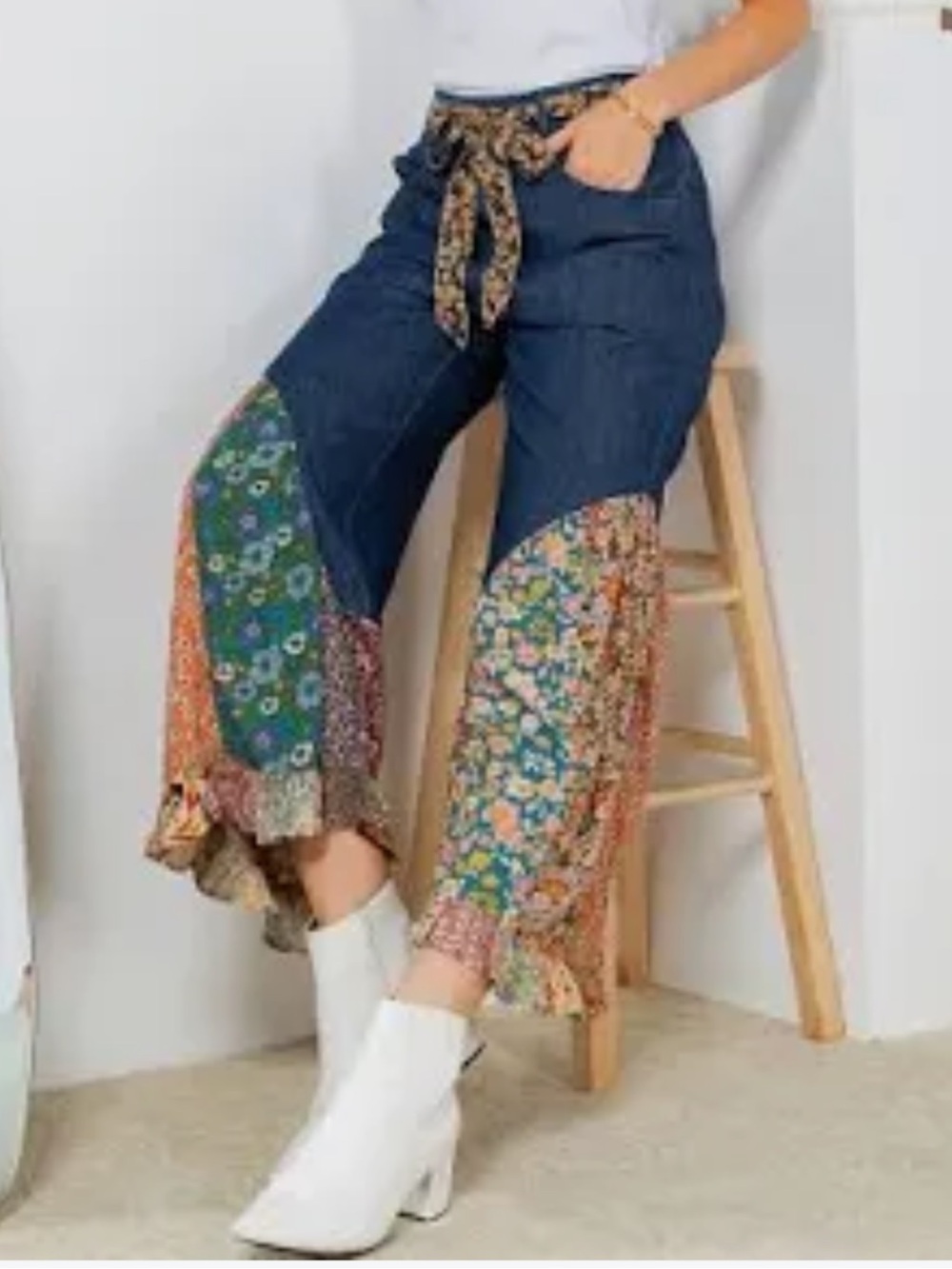 Young Threads patchwork ruffle bottom dark wash jeans w  matching belt